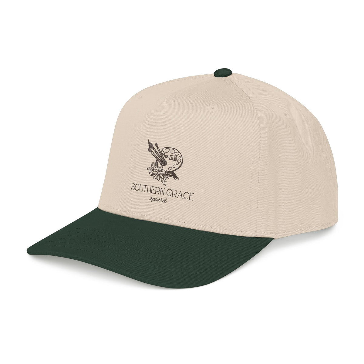 Southern Grace Embroidered Baseball Cap — Two-Tone Forest Green Vintage Logo