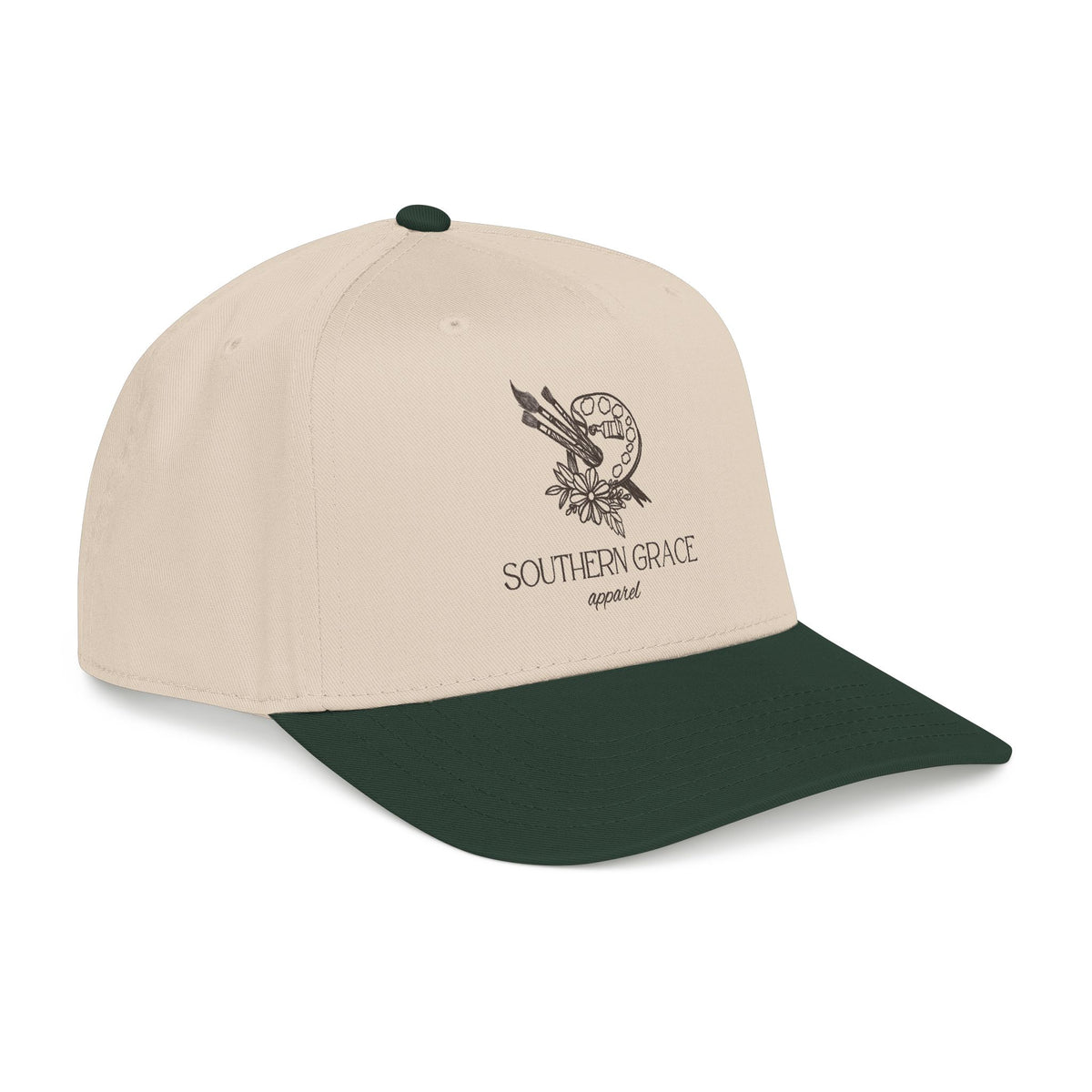 Southern Grace Embroidered Baseball Cap — Two-Tone Forest Green Vintage Logo