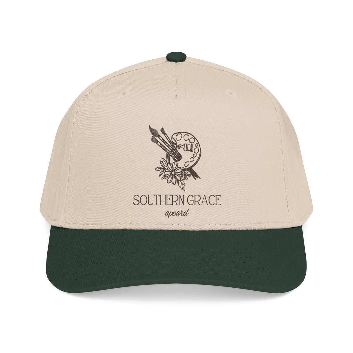 Southern Grace Embroidered Baseball Cap — Two-Tone Forest Green Vintage Logo